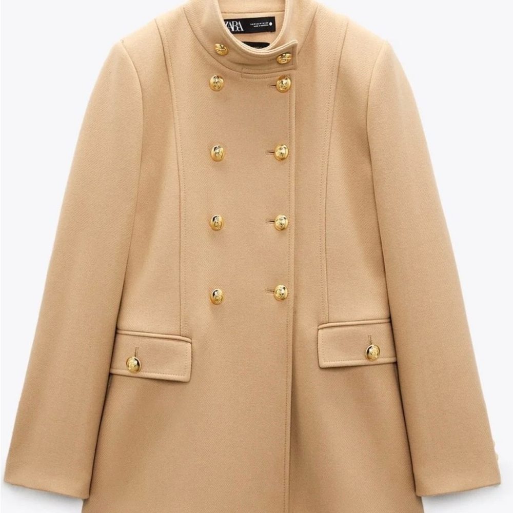 Zara Women's Camel Pea Coat with Gold Buttons
